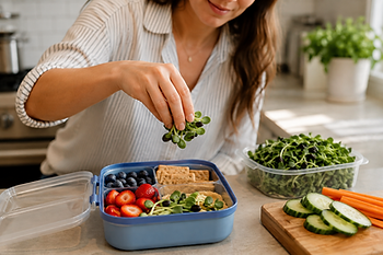 Mom adds a pinch to microgreens to kid's school lunch