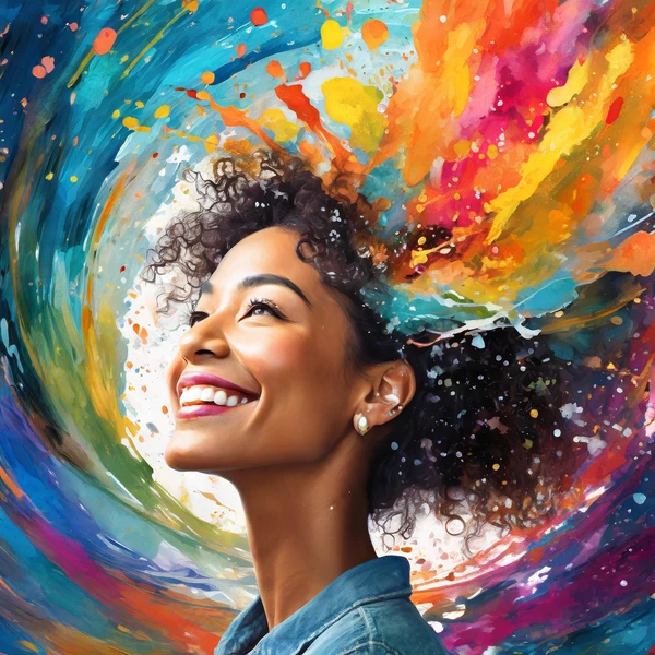 Future Skill »IMAGINATION«
Eine Frau blickt strahlend in die Zukunft. Sie ist umgeben von Farben, die Kreativität und Inspiration visualisieren.