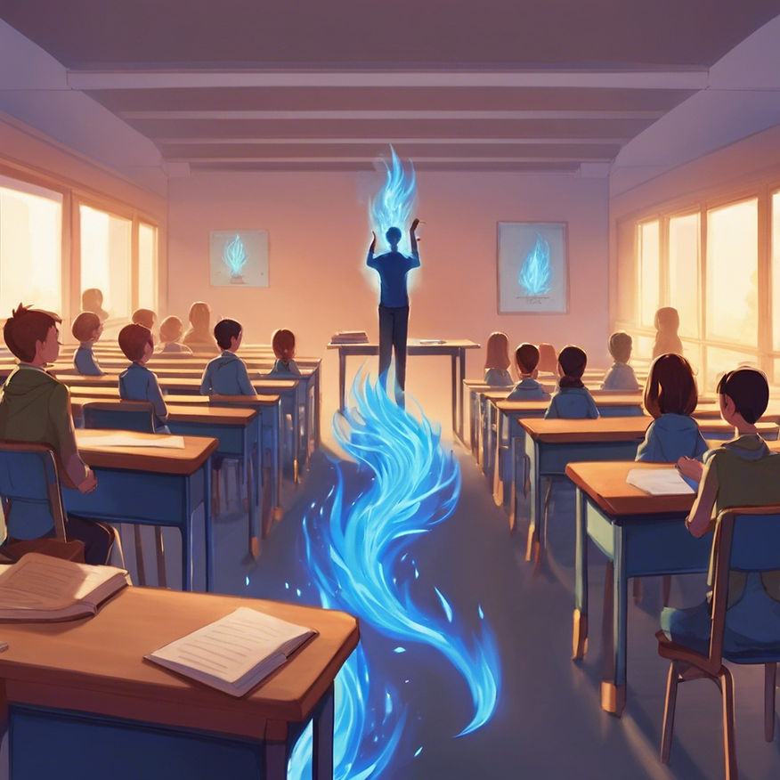 Create an image of a magical classroom filled with small blue flames sitting upright on sc