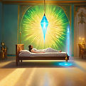 A mystical pendulum hovering above a person lying in bed, emitting vibrant, multicolored r