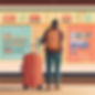 A person holding a suitcase at a train station, looking at a signboard with destinations r