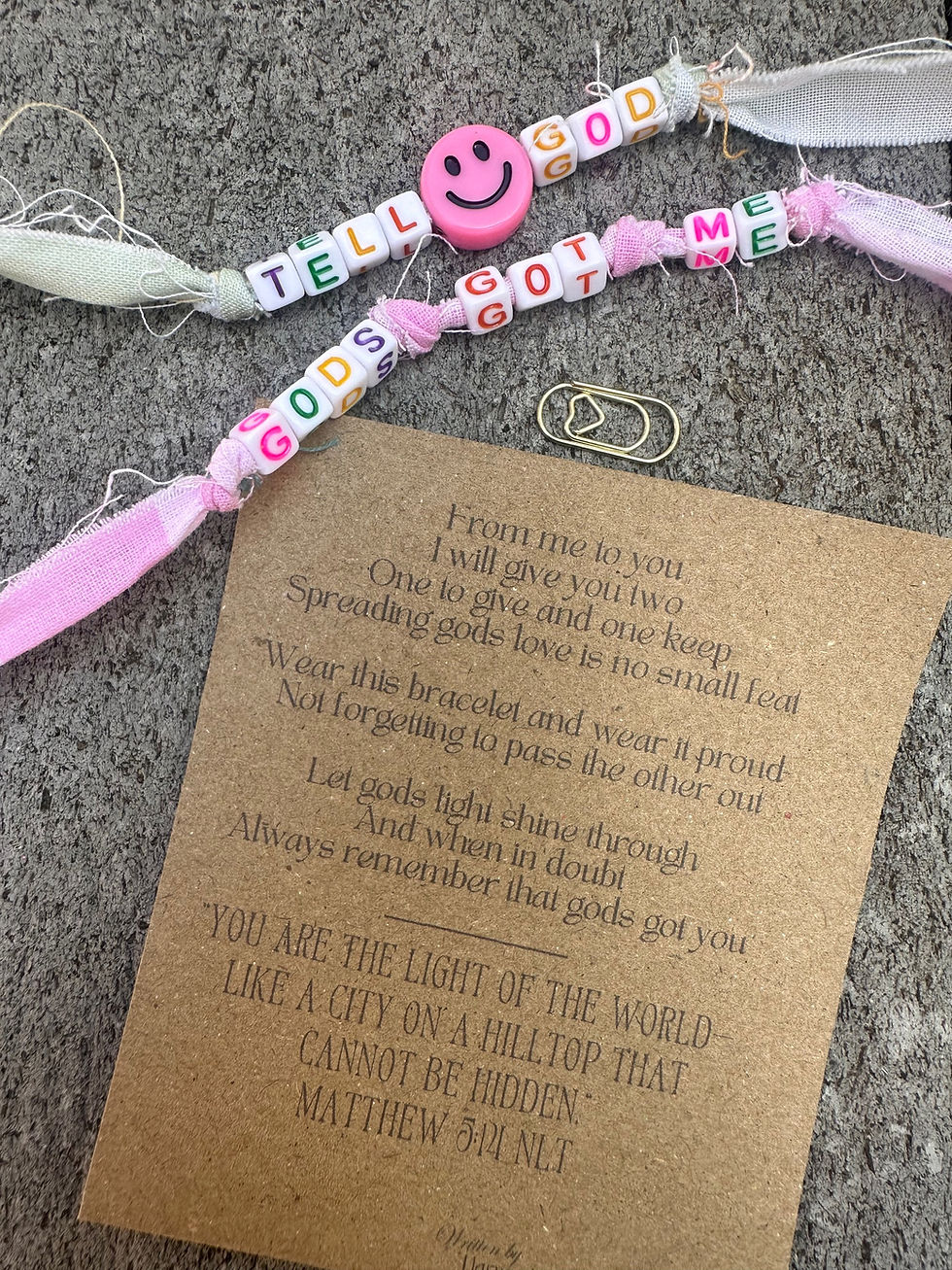 Fabric bracelets on a poem to encourage a ripple effect of God's love