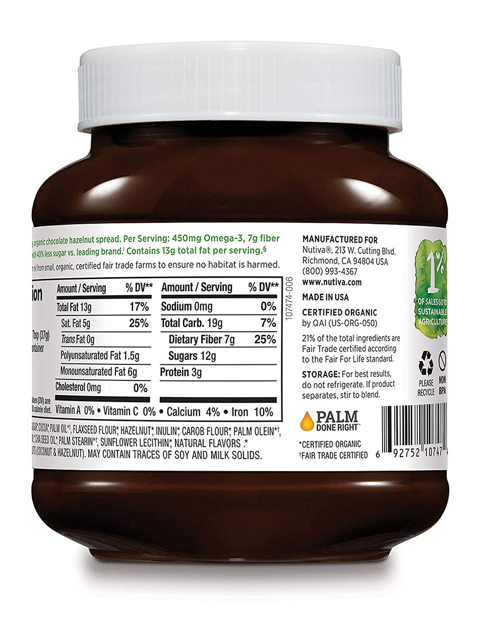Thumbnail: Nutiva Organic, non-GMO, Vegan Hazelnut Spread , Dark Chocolate, 13-ounces