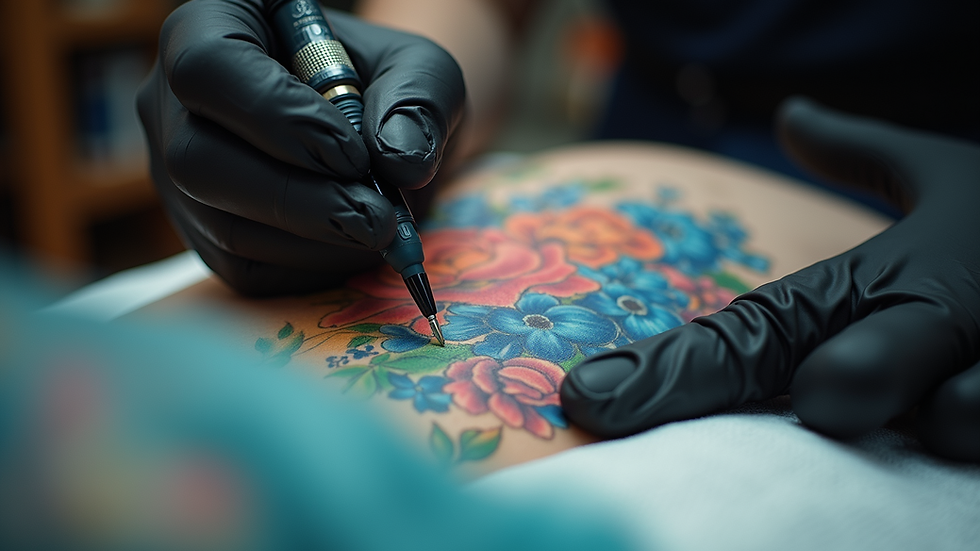 Close-up view of a tattoo artist working on a colorful watercolor tattoo