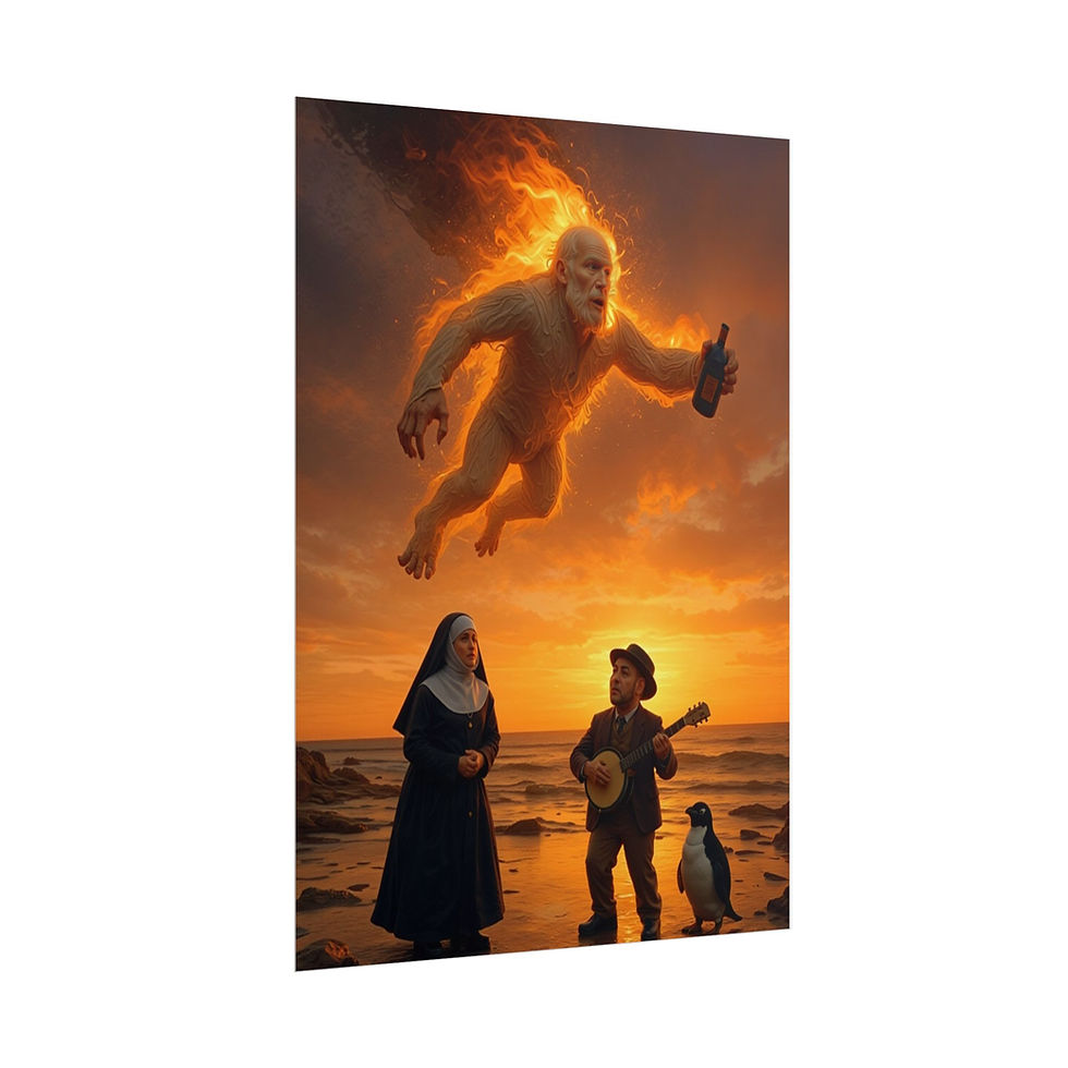 Thumbnail: Whiskey from Heaven beach scene posters | angel nun banjo man penguin
