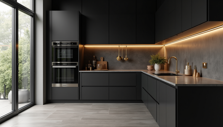 Eye-level view of a modern kitchen with trendy black cabinetry and gold fixtures