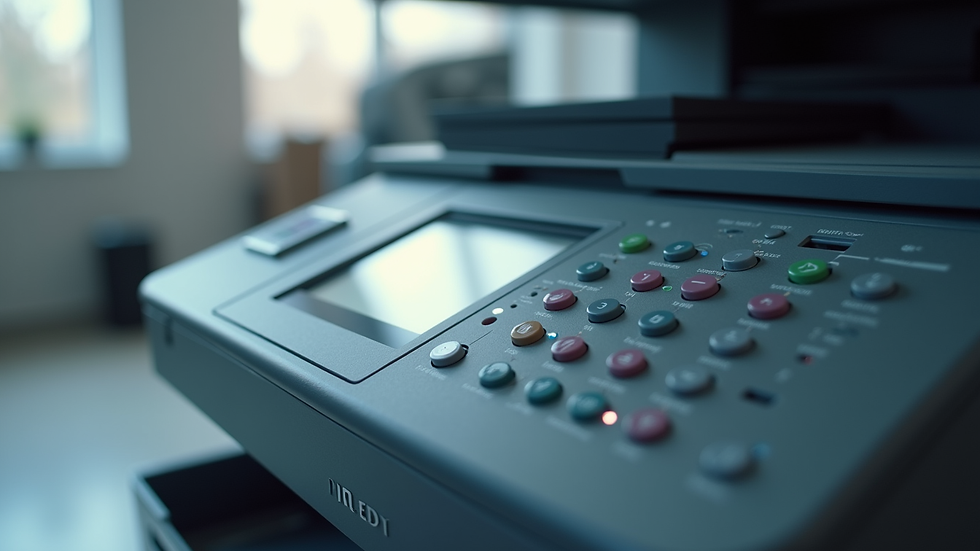 Close-up view of copier control panel with buttons and display screen