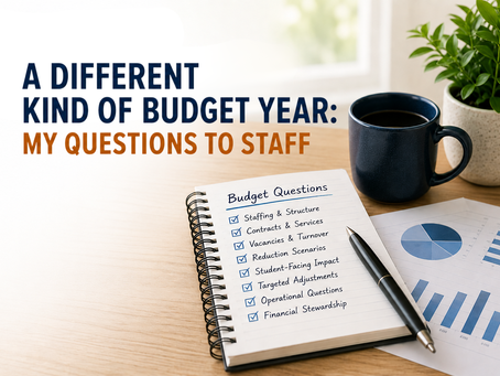 Graphic for a blog post titled ‘A Different Kind of Budget Year: My Questions to Staff.’ The image shows a clean desk workspace with a notebook labeled ‘Budget Questions,’ a pen, budget charts, a coffee mug, and a plant. The design uses blue and orange text with a calm, professional layout focused on school budget oversight and financial decision-making.