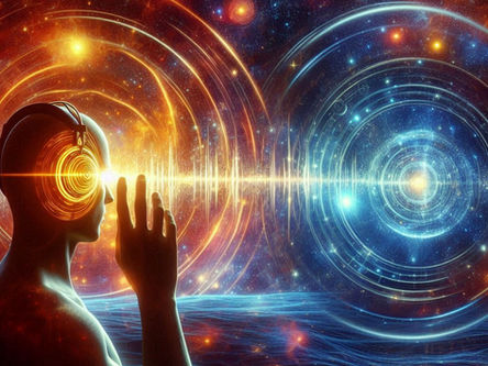 a futuristic image of a man with cosmic sounds being sent to him on a beam of light spiritual awakening symptoms ringing in the ears