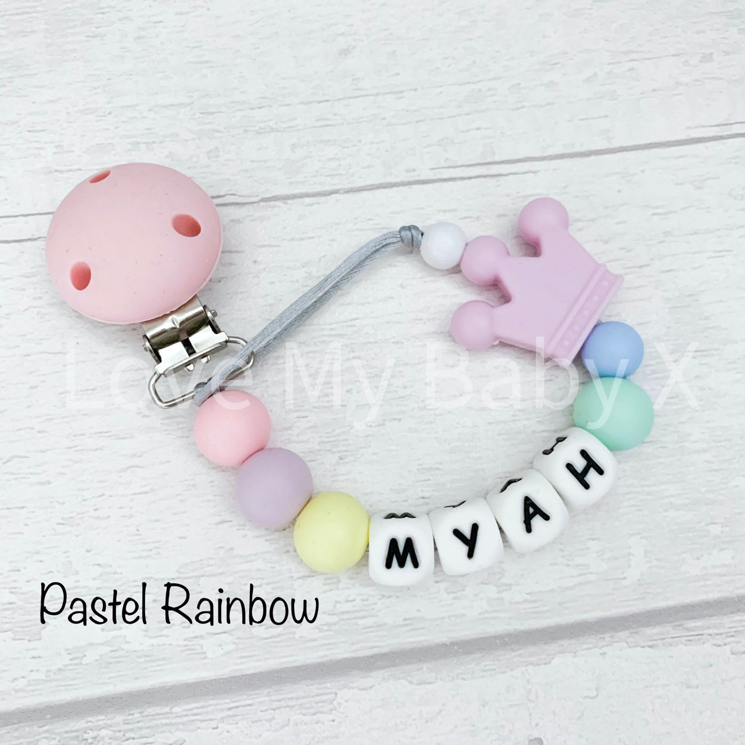 Crown Rainbow Dummy Clip Princess MAM soother holder, Personalised Paci chain
