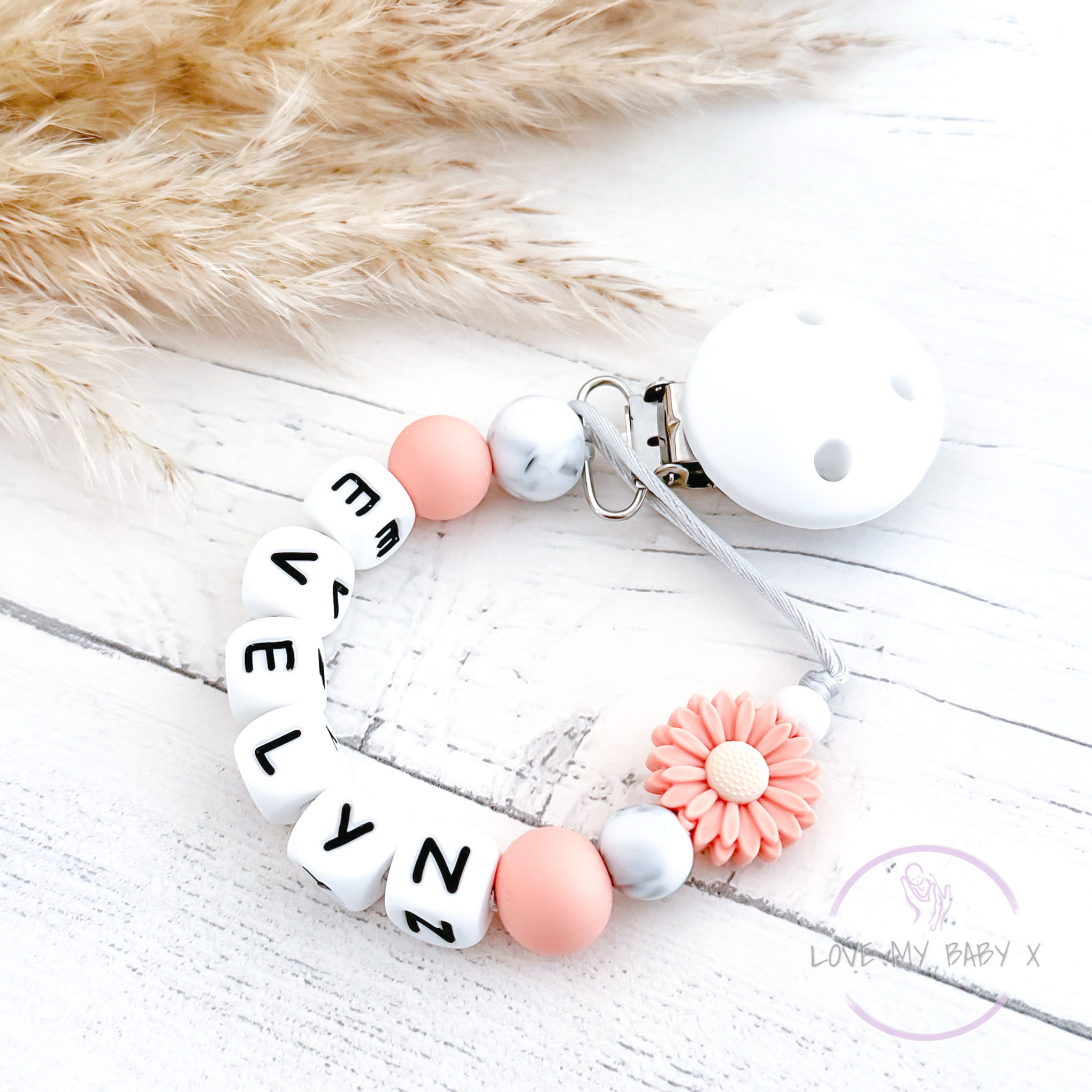 Flower soother clip Personalised flower girl gift baby girl Stocking filler