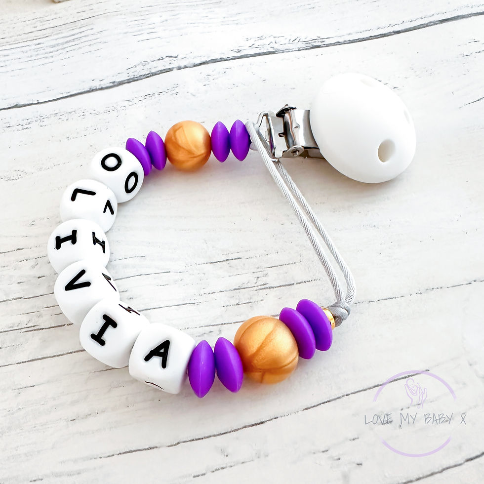 Thumbnail: Purple Gold Soother Holder Personalised Dummy Clip Christening baby Mam Chain