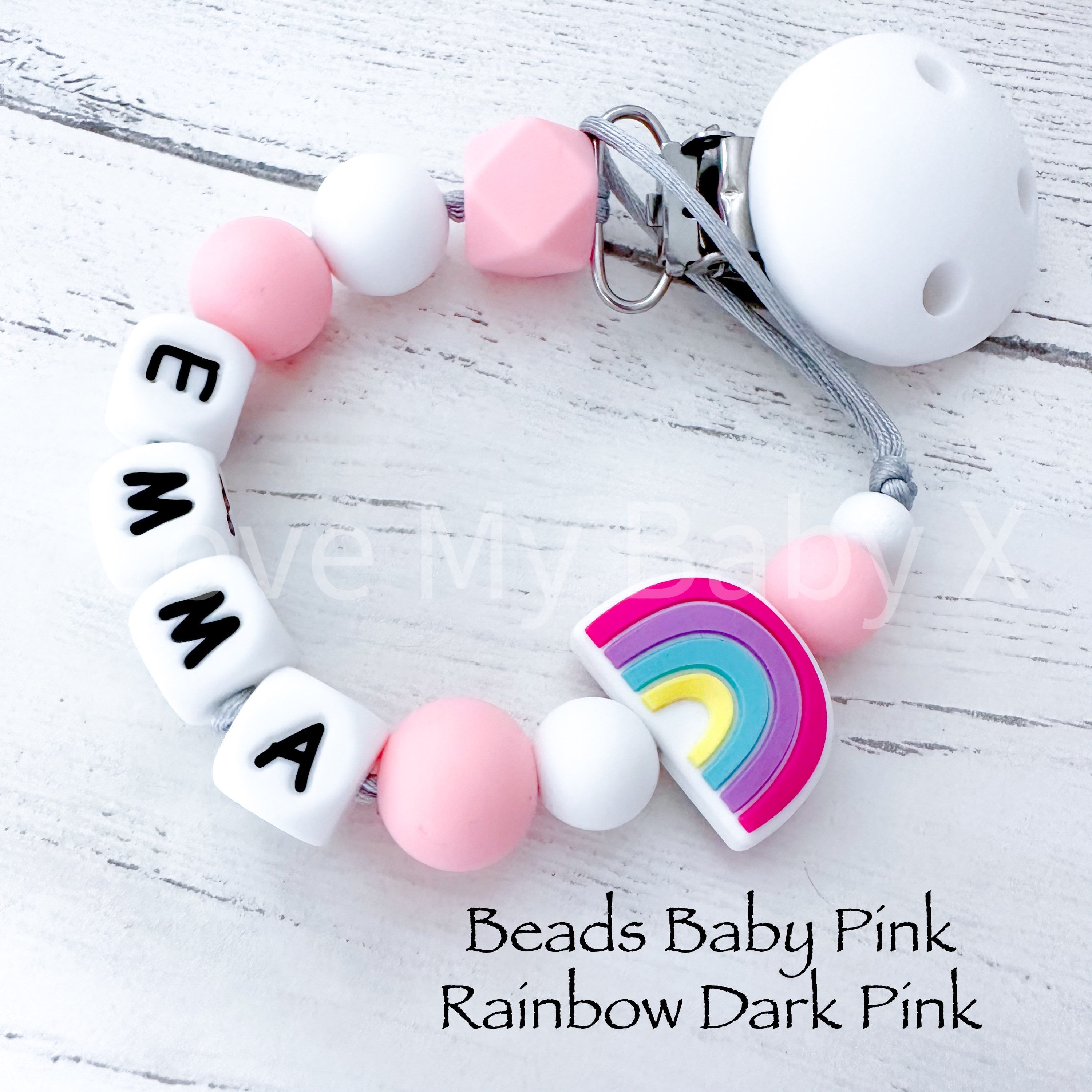 Rainbow Pastel & White Personalised Dummy Chain Mam Clip Christening Gift