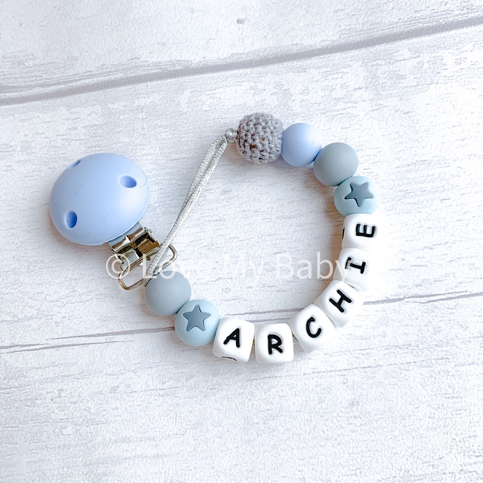 Thumbnail: Blue Grey star Personalised MAM dummy clip, New baby gift, Baby shower Gift