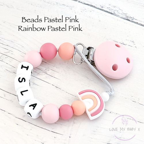 Pink Baby Name Rainbow Dummy Chain Girl Mam Clip Christening Gift