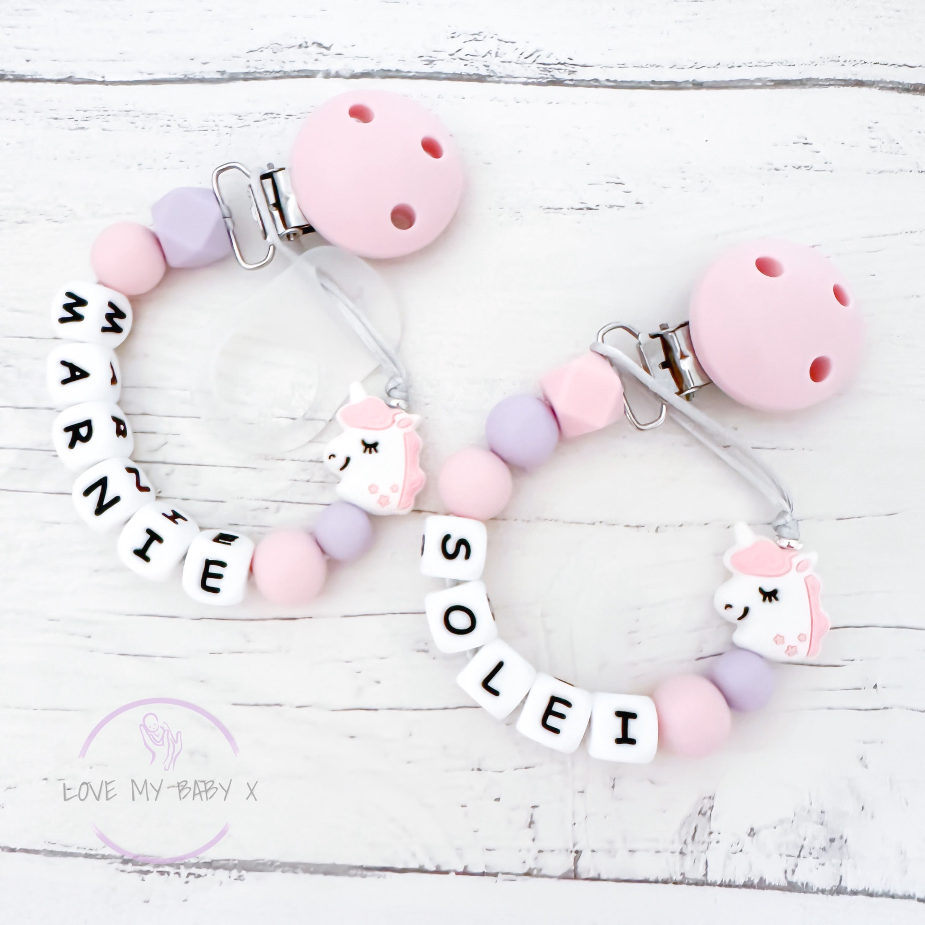 Unicorn colour block Personalised Dummy Holder Baby Shower Gift MAM clip