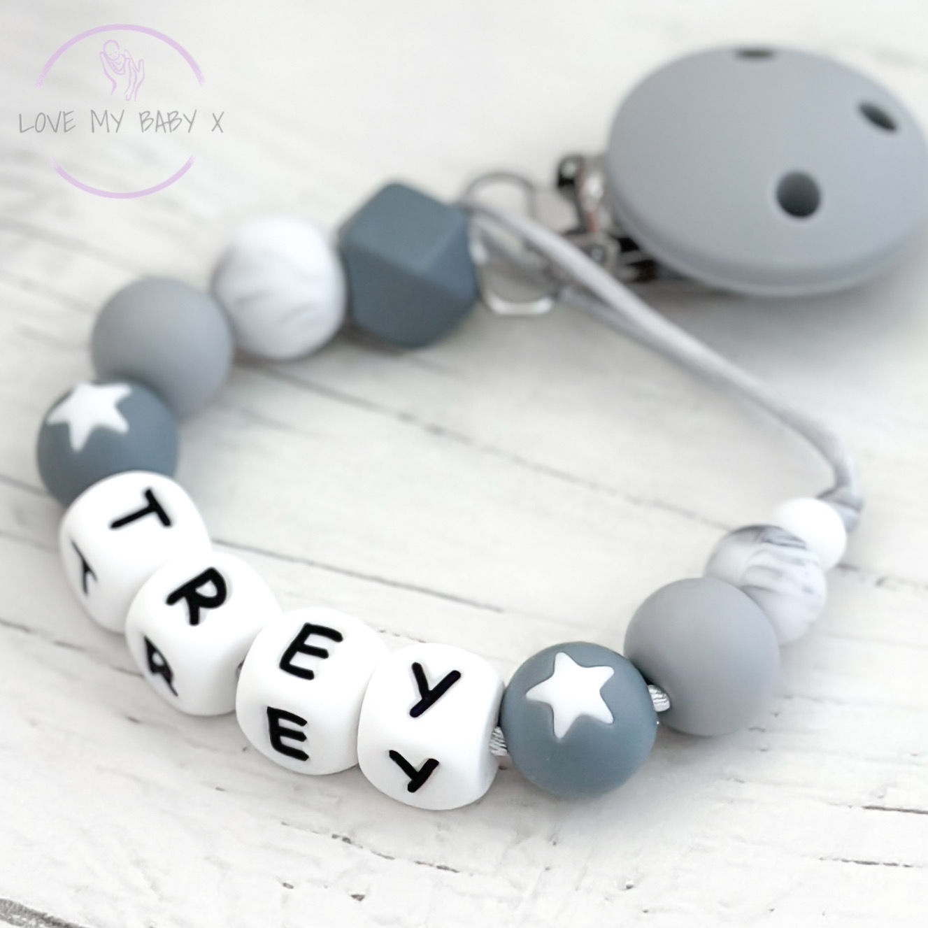 Star personalised Dummy clip Grey marble soother holder baby Easter gift