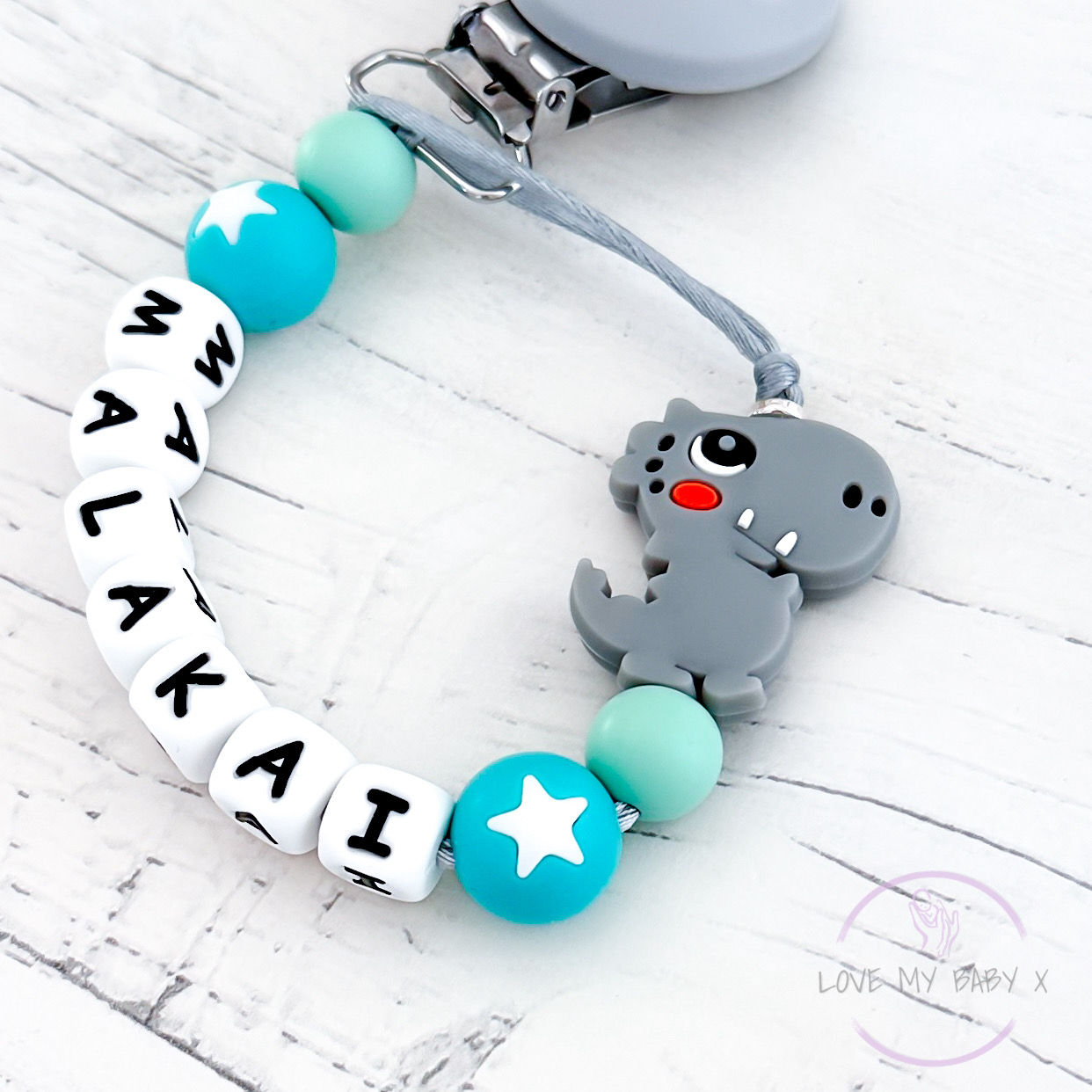 Dinosaur Name Dummy Clip Unusual New Baby Gift Mam dummy Clip BIBS holder