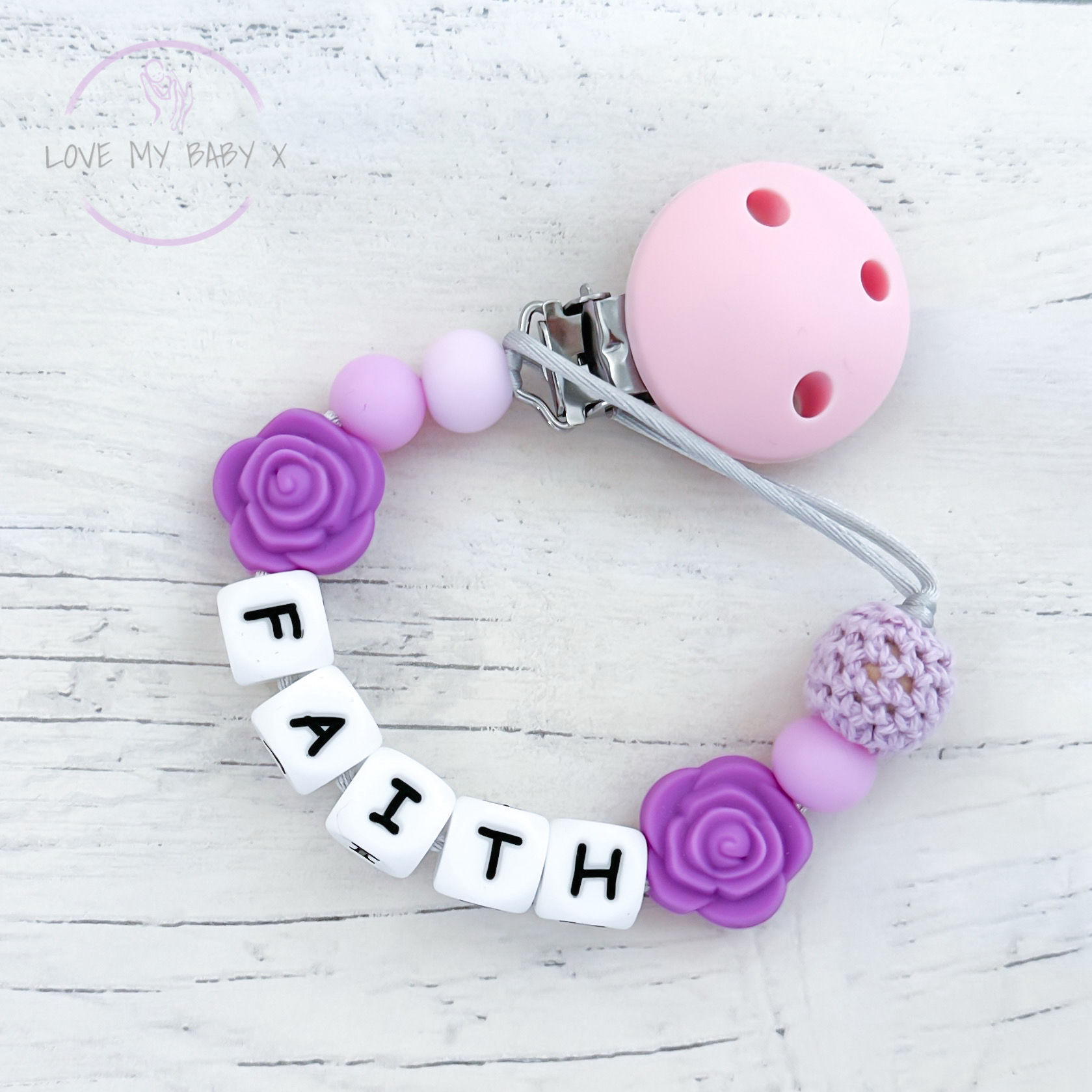 Purple Flower Dummy Clip, MAM Soother Holder Baby Girl welcome gift, Baby Shower
