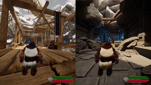 Screenshot of the 2-player splitscreen in Dvergatal, showing both players in separate game views