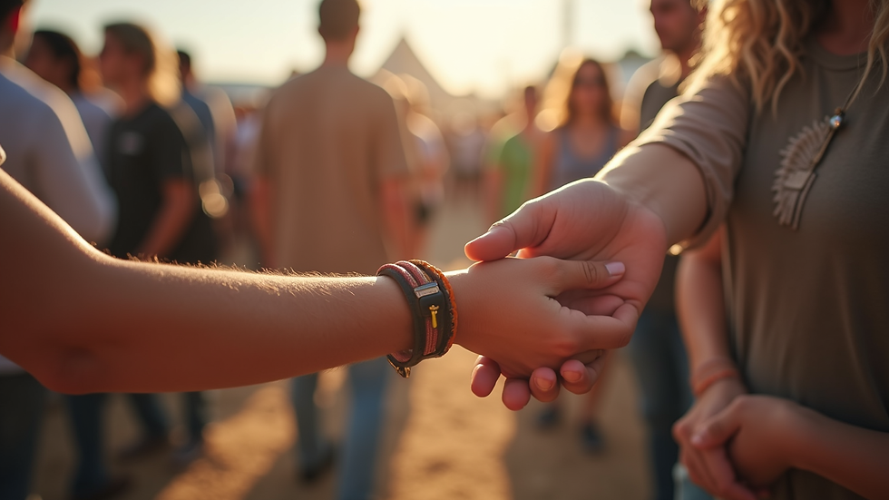Close-up view of a volunteer handing out wristbands at a festival entrance