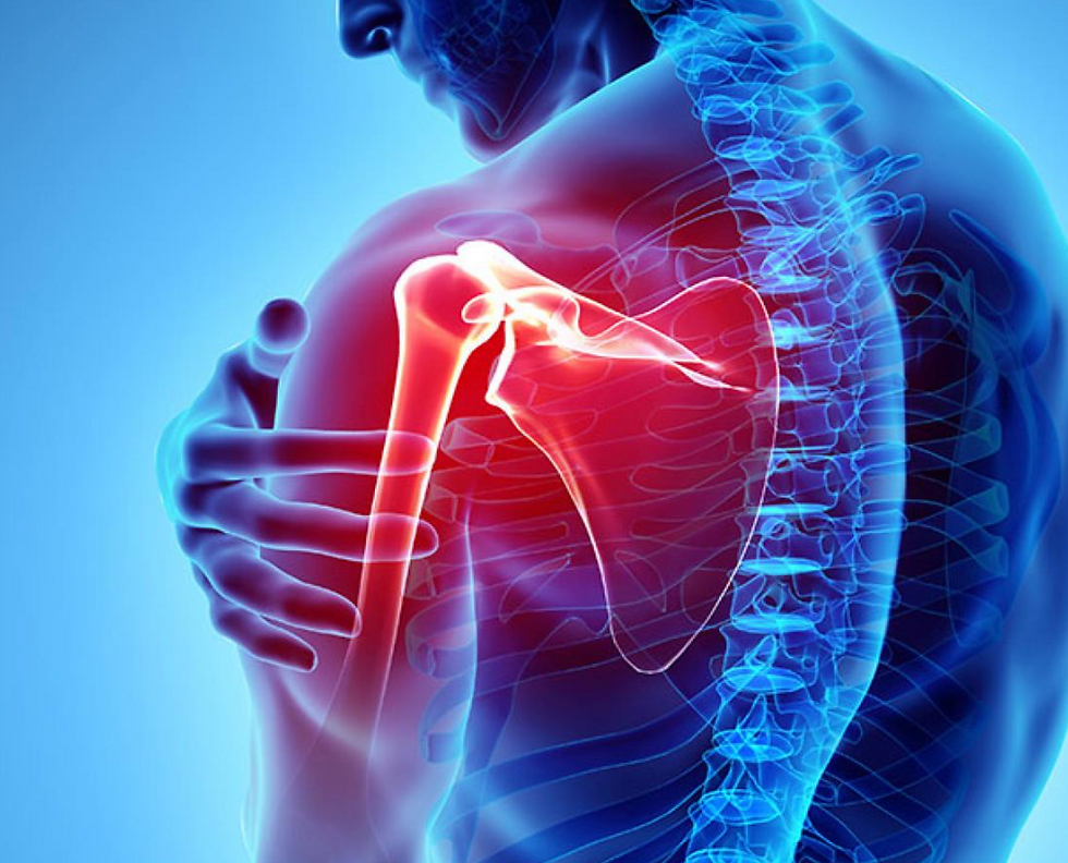 Red therapeutic light applied across the shoulder and upper spine