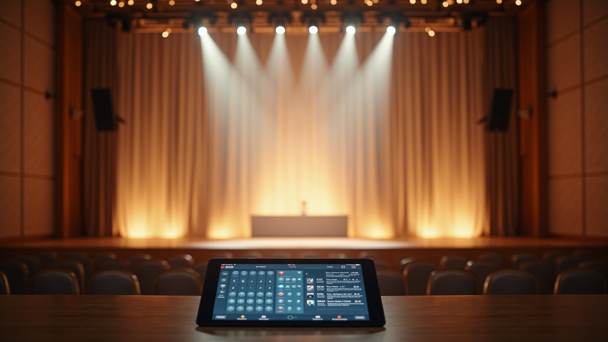 Tablet controlling stage lights in an empty theater auditorium.