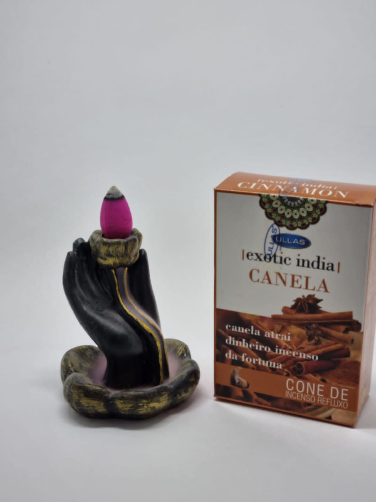 Incensário cascata flor de lótus + caixa de incenso indiano Massala canela