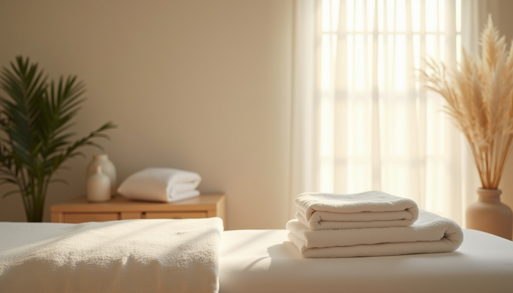 Eye-level view of a calm therapy room with massage table and soft lighting