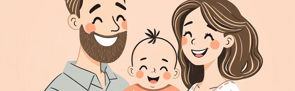 A happy dad and mom and a baby in the middle in a light peach background.jpg