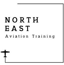 A black and white logo that says North East Aviation training in a box with a plane