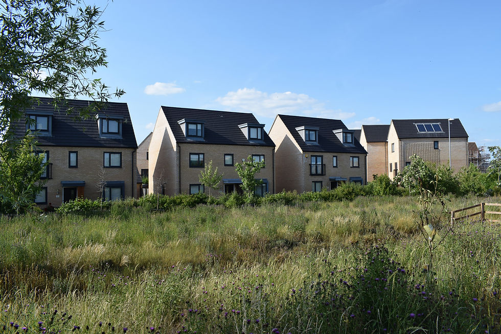 Sustainable Drainage – a row of large, modern detached houses featuring brick walls, pitch