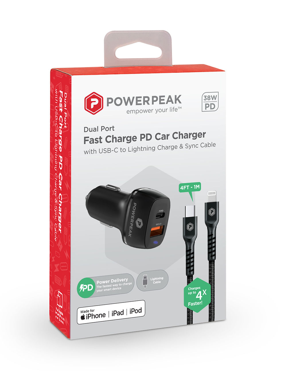 Thumbnail: PowerPeak Dual Port Fast Charge PD Car Charger W/USB-C To Lighting [38W] - Black