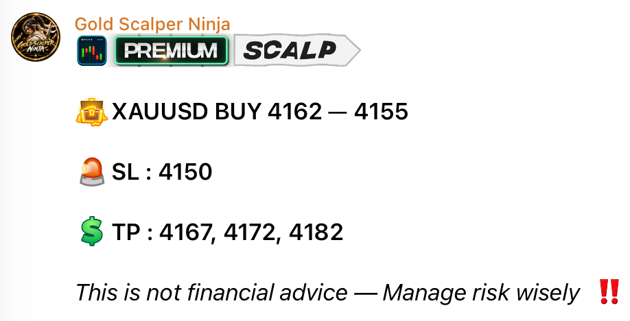 Gold Scalper Ninja channel on Telegram sharing a free trading scalping signal for Gold XAUUSD including entry zone, sl, 3 take profit levels.