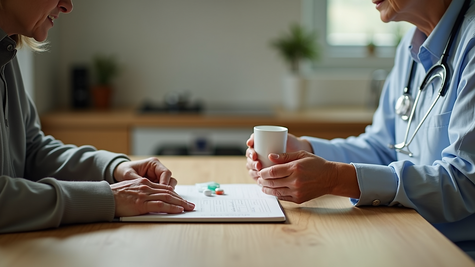 Close-up view of a caregiver assisting an elderly person with medication at a kitchen table