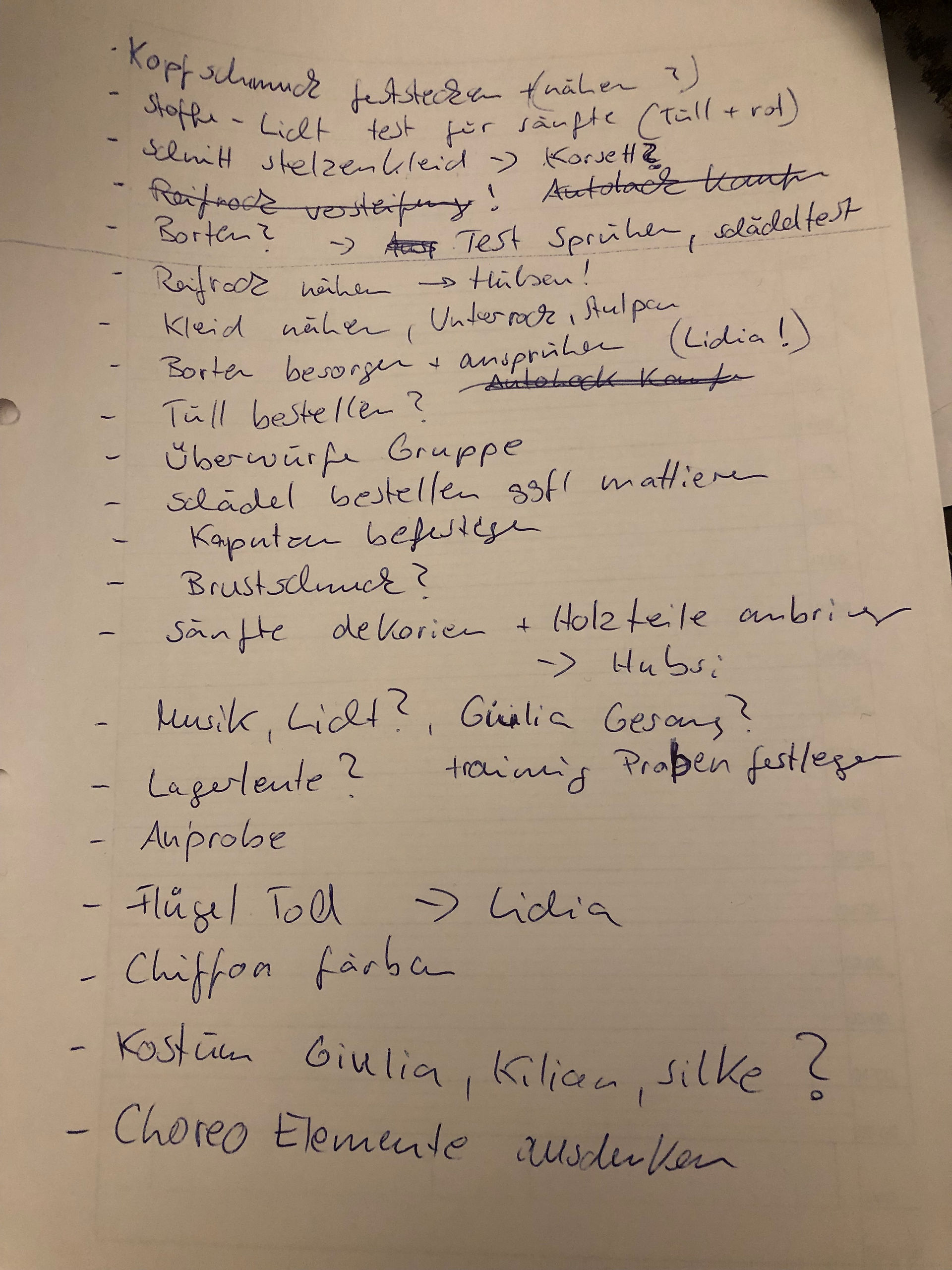 Handgeschriebene Notizen für die Planung einer Performance. Details umfassen Kostüme, Requisiten und Choreografie-Elemente, die auf eine Inszenierung mit Totentanz-Thematik hindeuten.