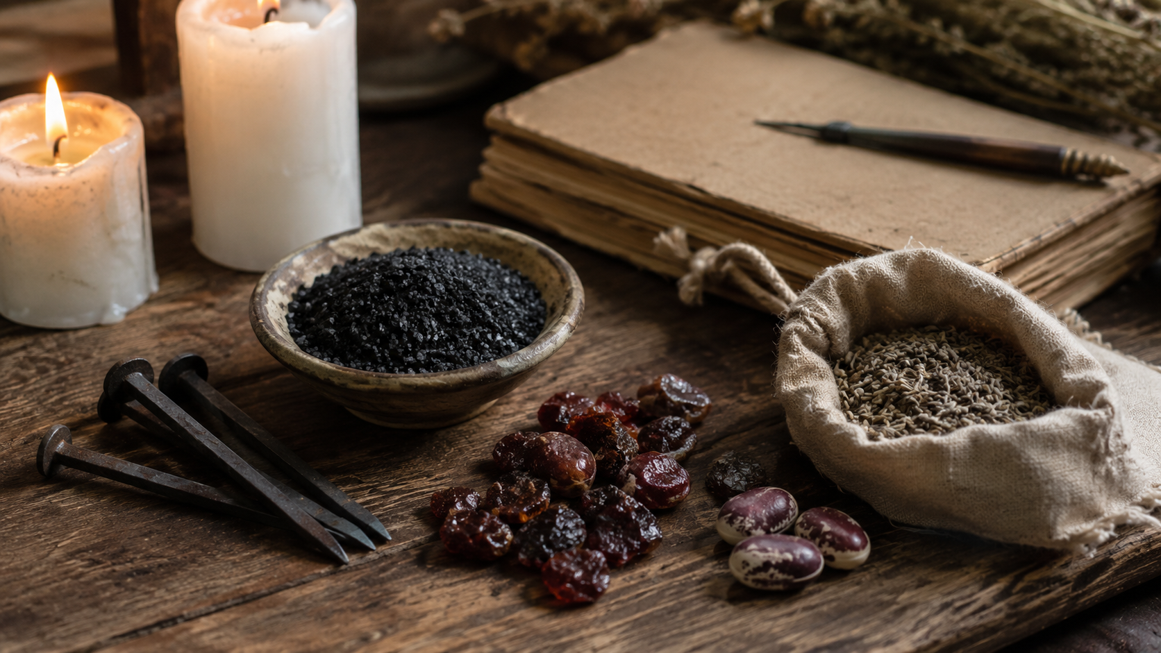Affordable ritual tools including black salt, iron nails, resin, seeds, candles and a journal