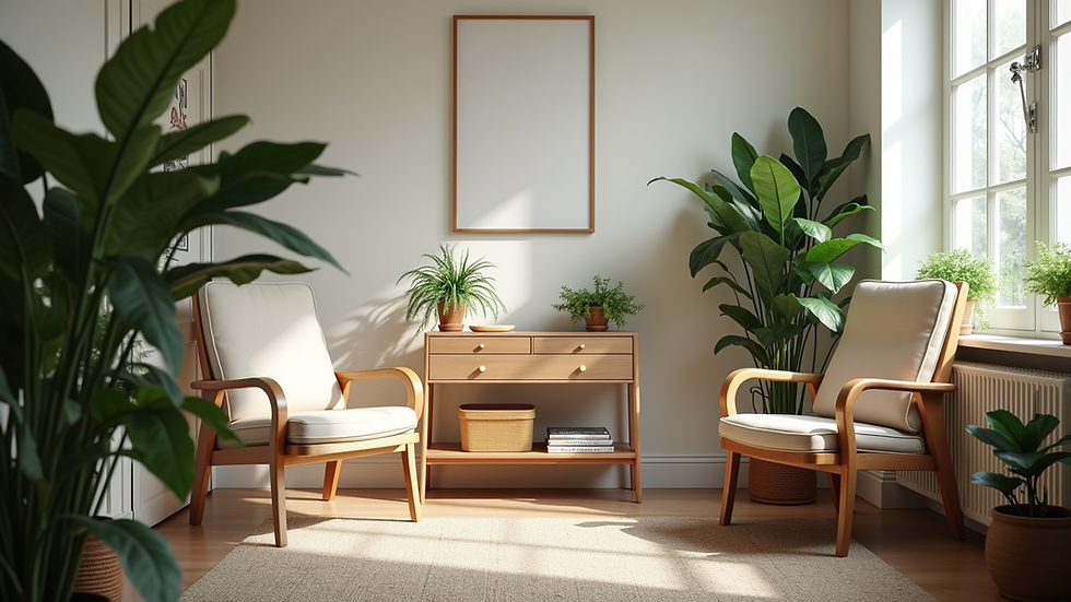 Eye-level view of a cozy counseling room with plants and comfortable chairs