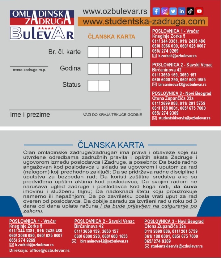 Članska karta studentske zadruge Bulevar