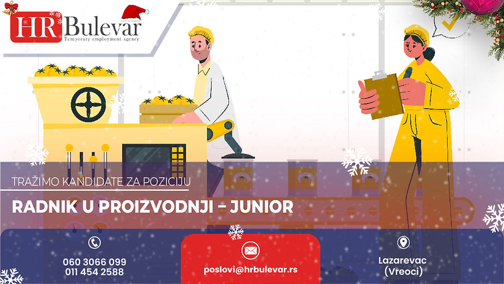 oglas za posao, radnik u proizvodnji - junior, lazarevac, vreoci