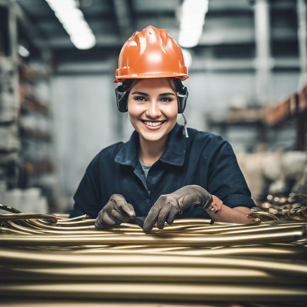 Stock of a micro _brass tube industry ahead_a person using safety equipament and smiling__.jpg