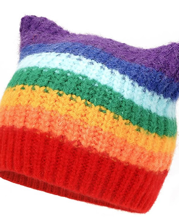 Biiange Rainbow Striped Knit Beanie Hat, Colorful Fuzzy Winter Skull Cap, Soft Stretchy Be
