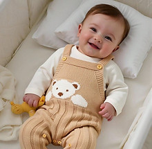 Khaki Baby Romper, Bear Jacquard, Bib Overalls Jumpsuit, Fashionable & Cute Design Baby Kn