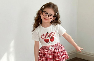 Summer Sweetness! Girls' Retro Cherry Tee & Gingham Ruffled Skirt for French Picnic Vibes.