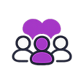 Three people with a heart above them, representing a support group.