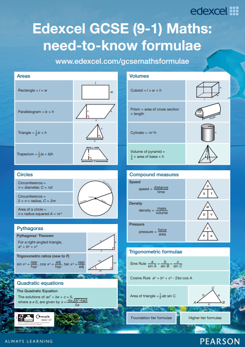 Edexcel GCSE (9-1) maths need-to-know formulae