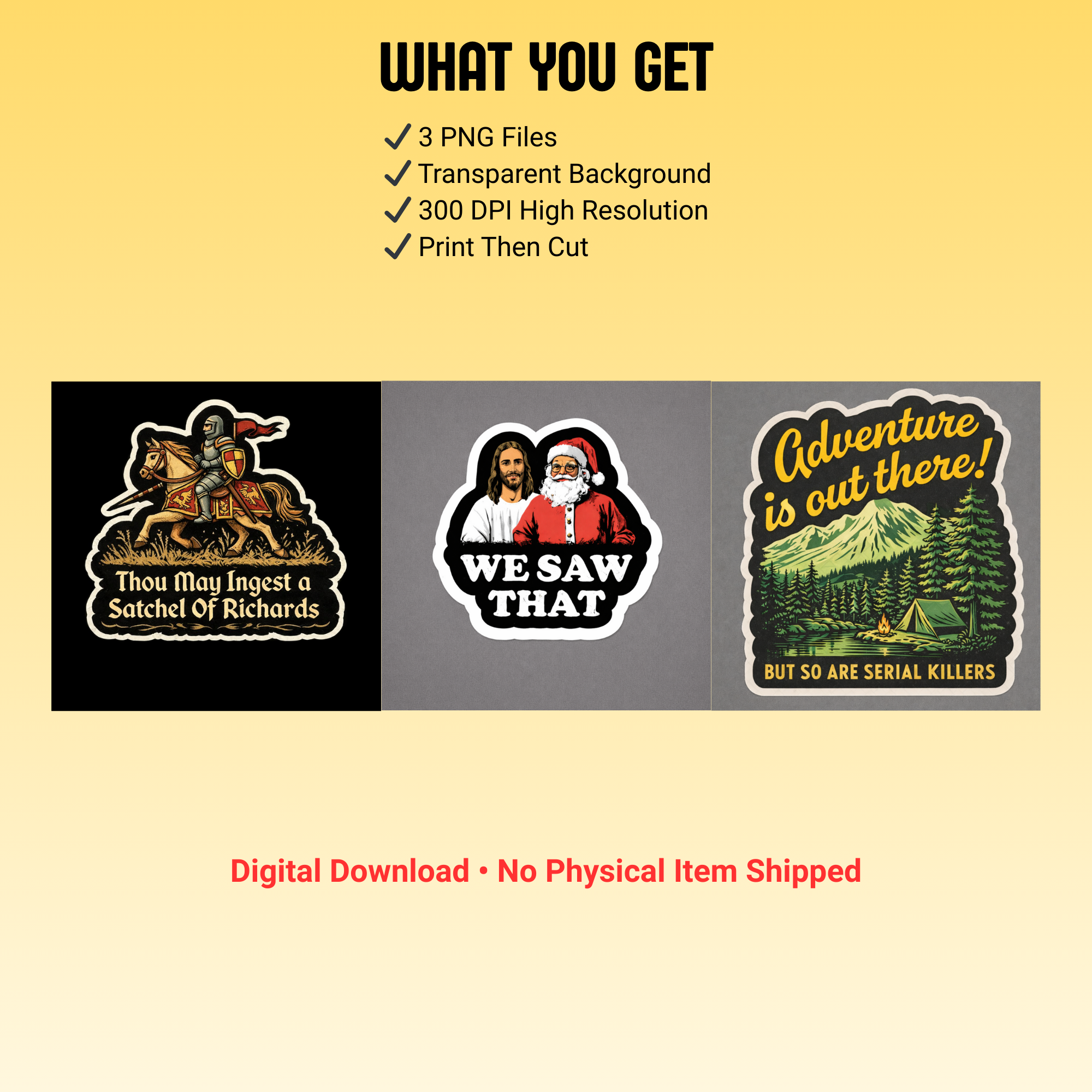 Three funny dark humor sticker PNG designs for Cricut Print Then Cut and sticker making