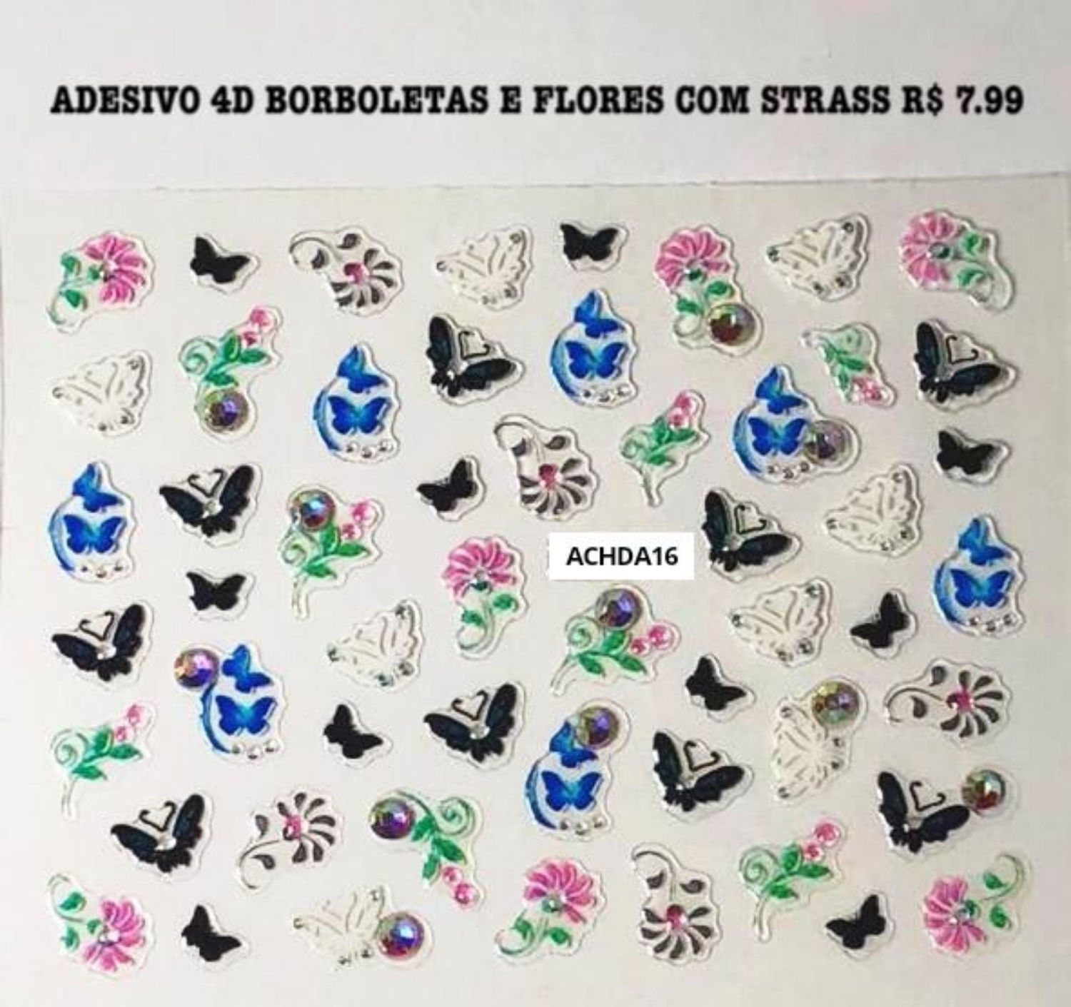 Adesivo 4D Borboletas e Flores com Strass ACHDA16