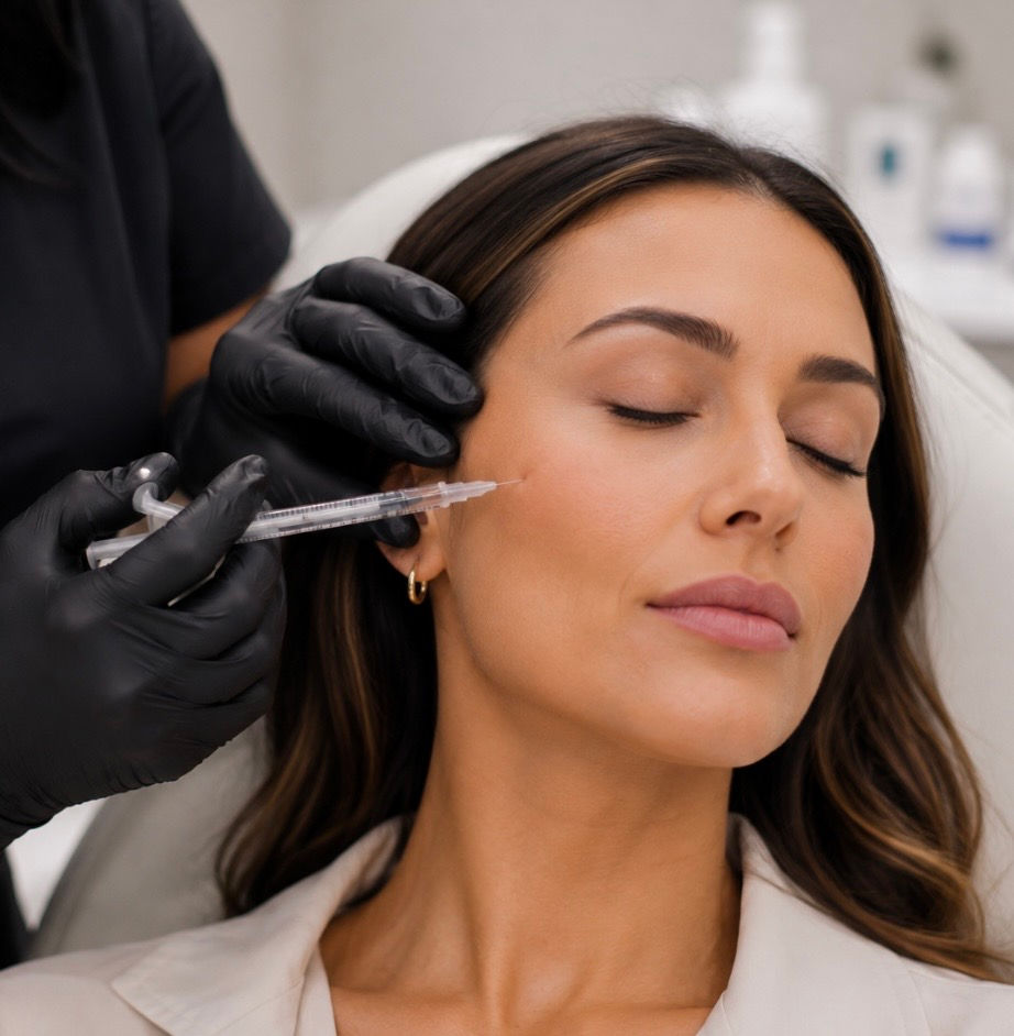 Woman receiving dermal fillers injection in her cheek
