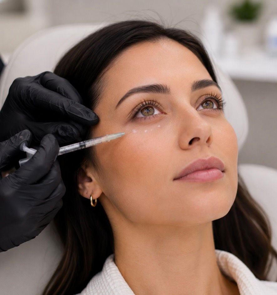 Woman receiving regenerative skin treatments near her eye.